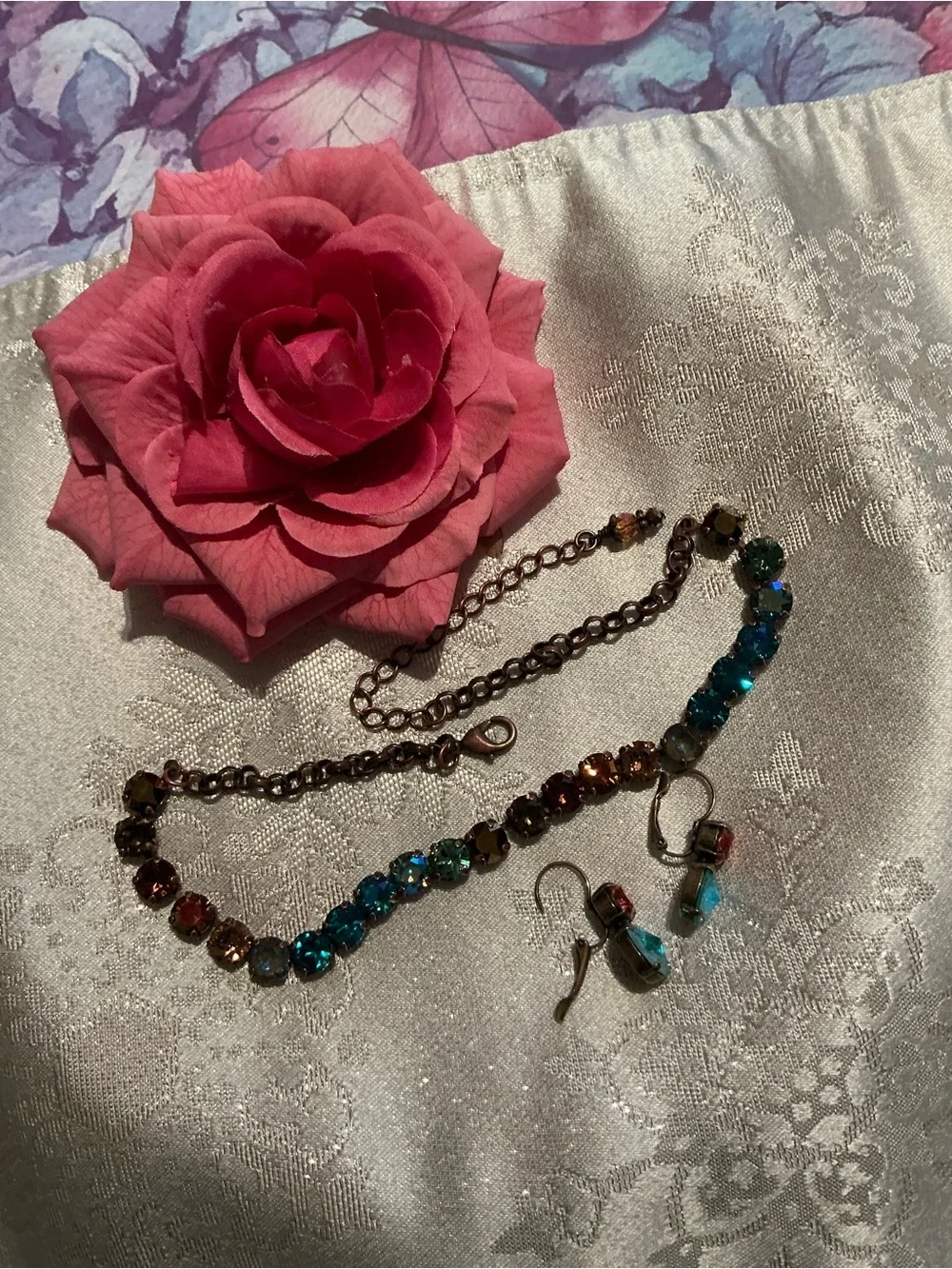 BLUE,TEAL,AMBER,GREEN Necklace& Earrings Set - GORGEOUS FALL COLORS!